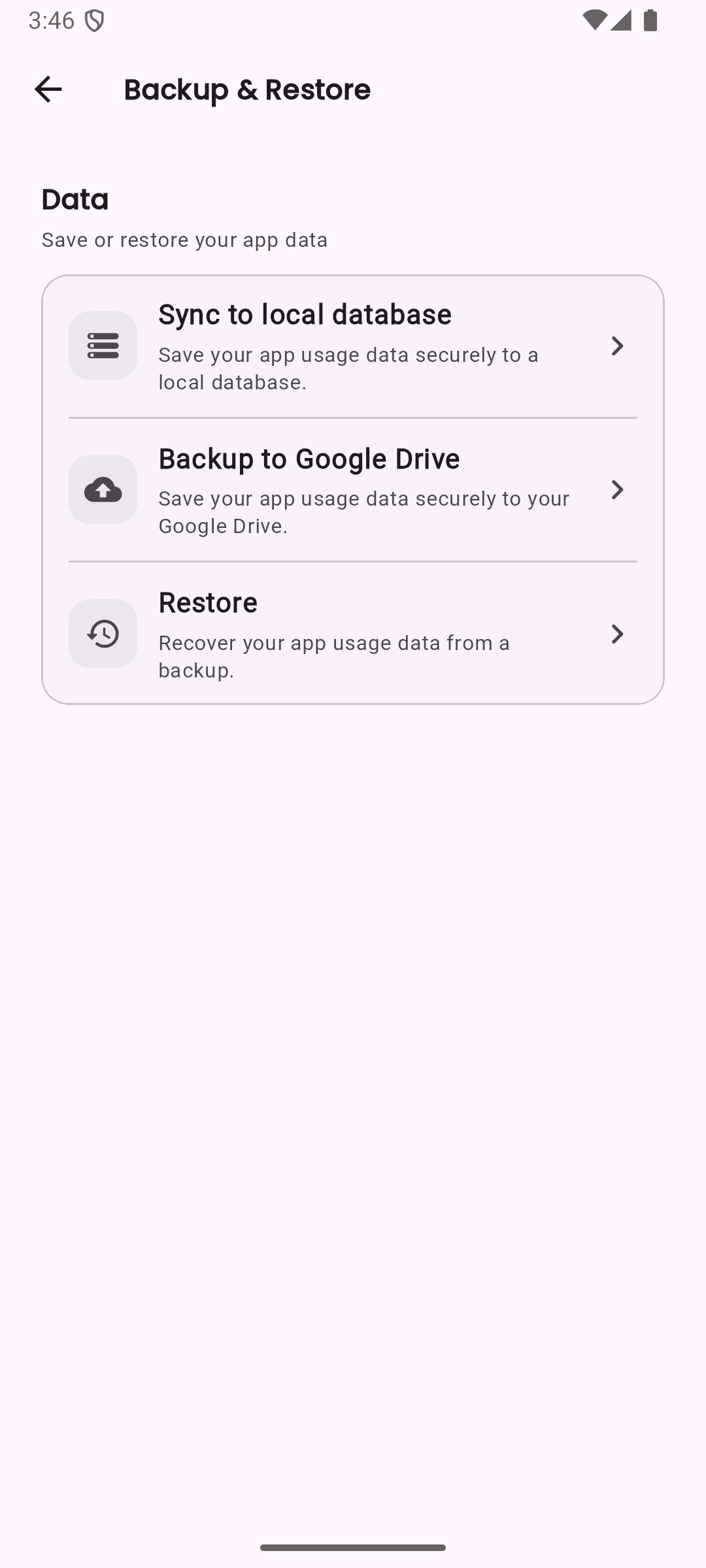 LessIsMore backup and restore screen