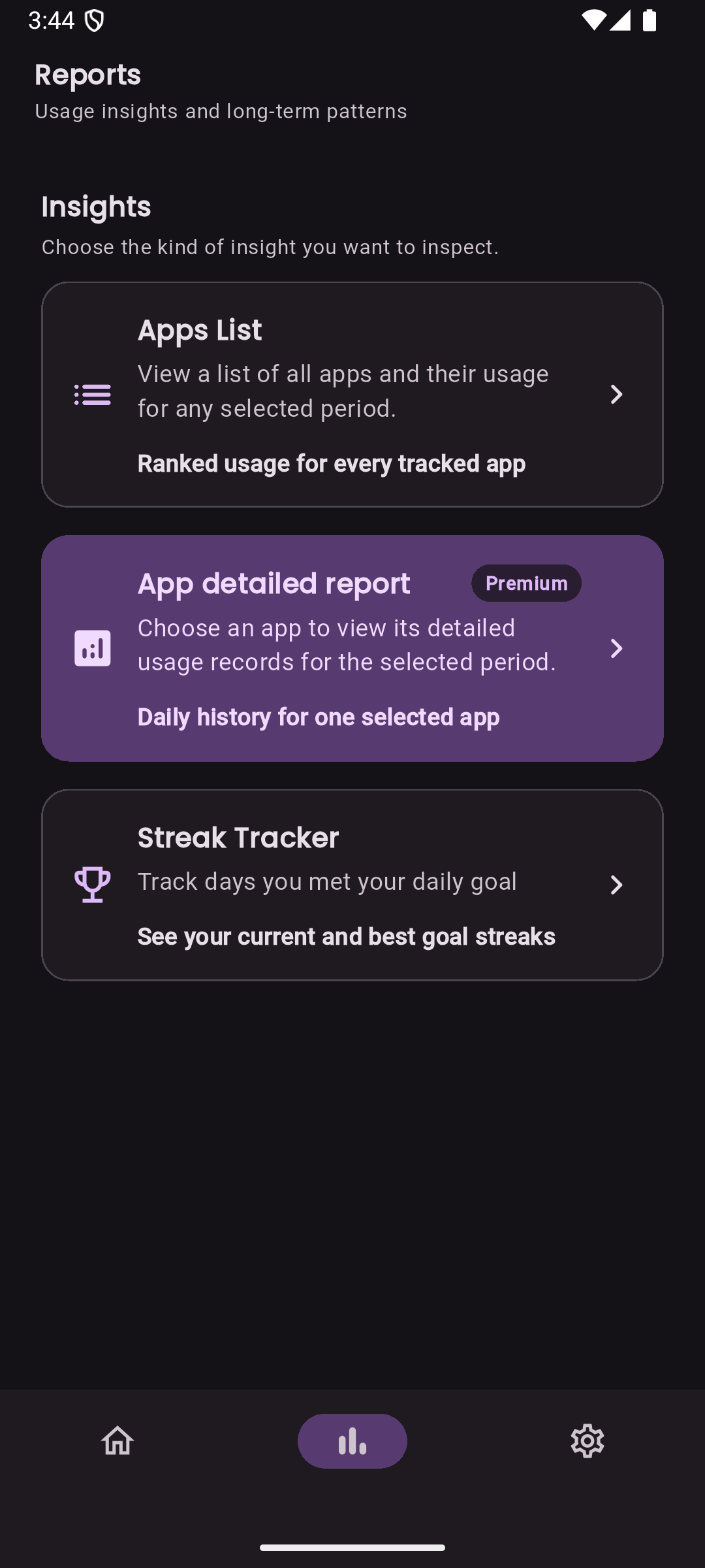 LessIsMore usage reports screen